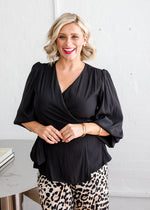 Belinda Lustre Technical Billow Wrap Blouse - Black