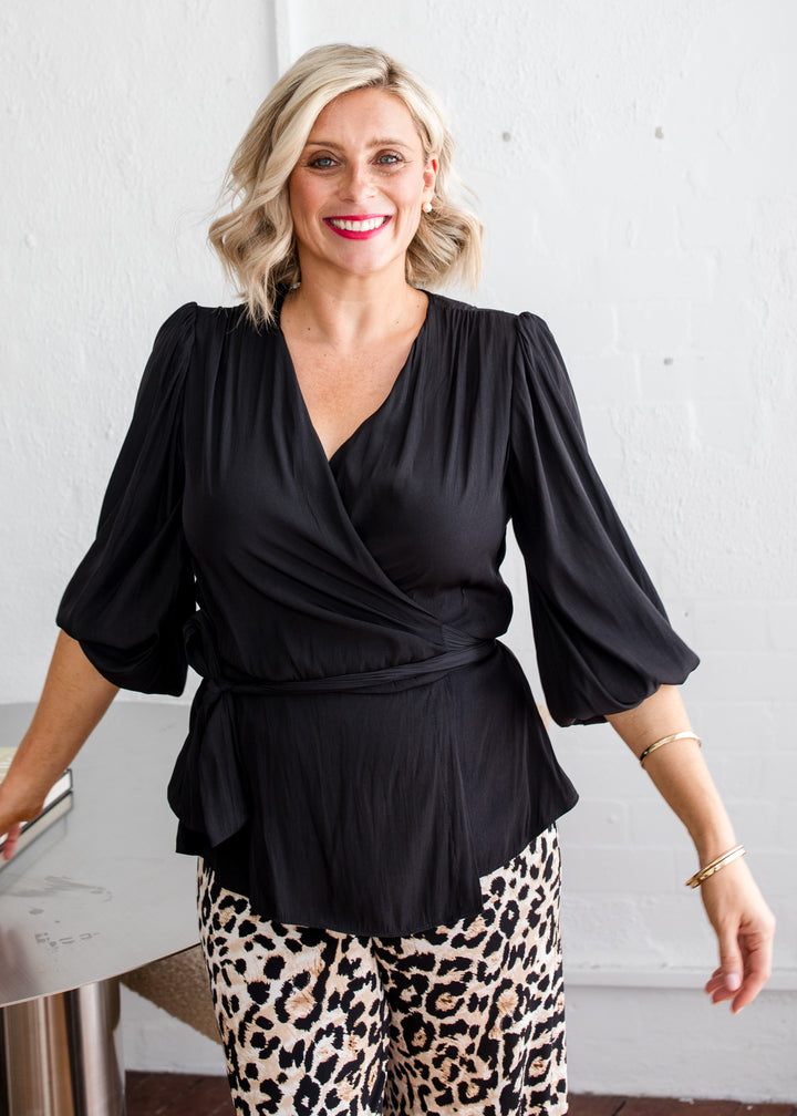 Belinda Lustre Technical Billow Wrap Blouse - Black