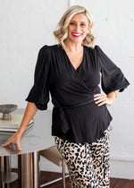 Belinda Lustre Technical Billow Wrap Blouse - Black