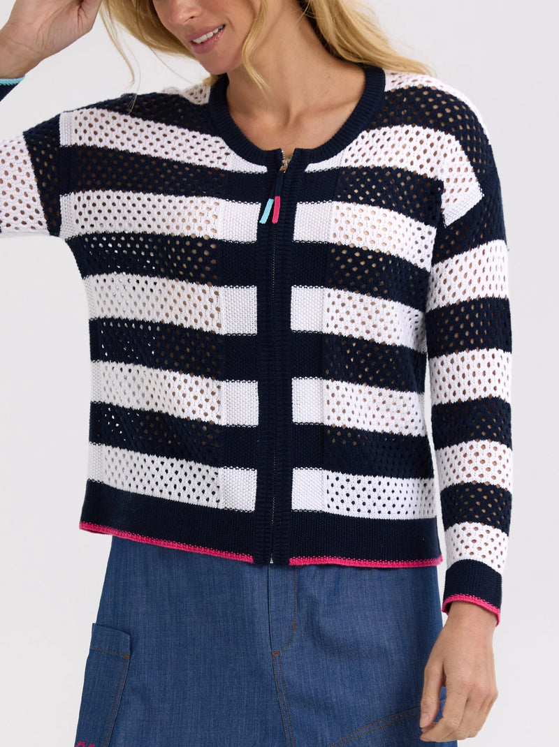 Pointelle Zip Cotton Cardi - Navy