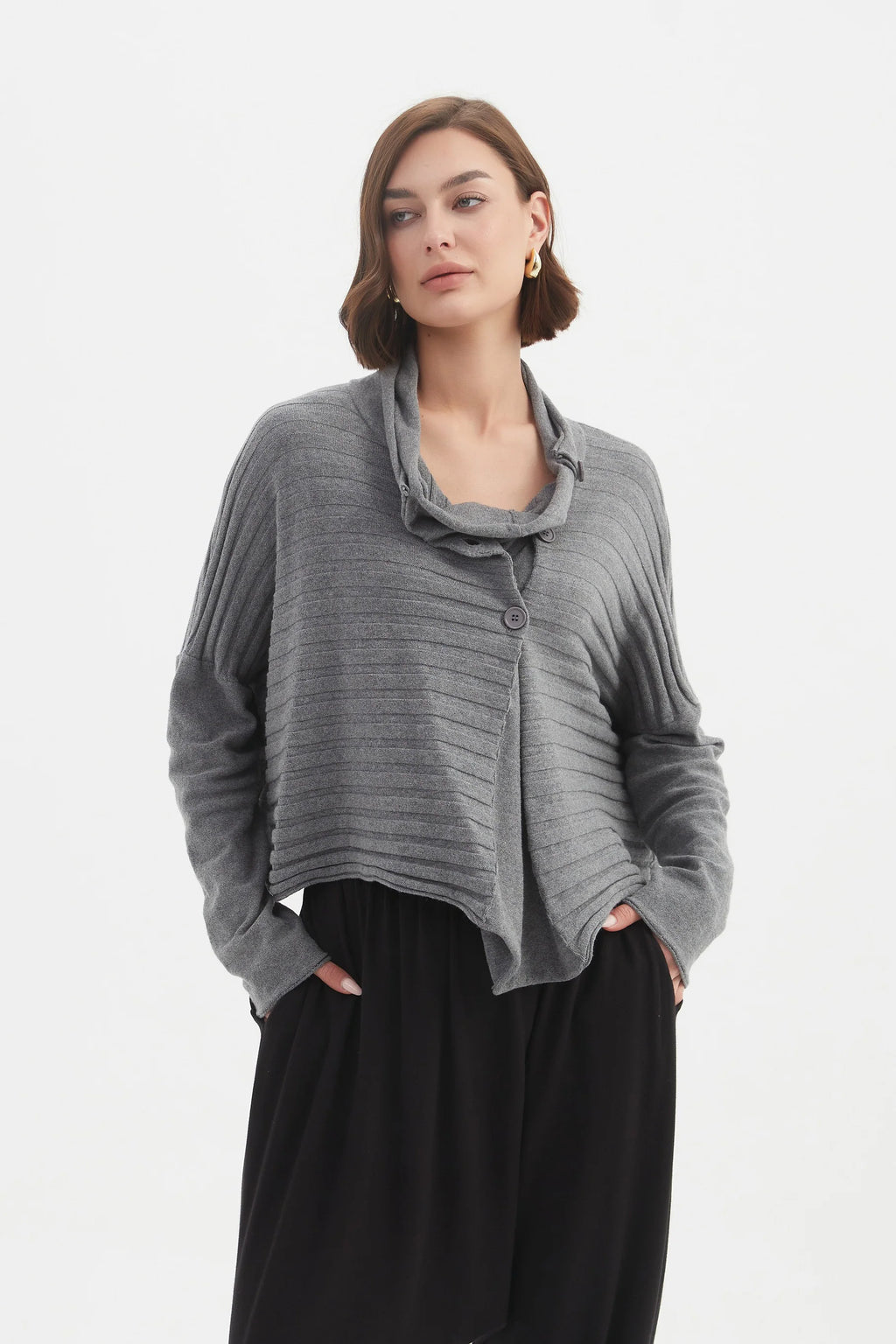 Cowl Neck Button Knit - Grey